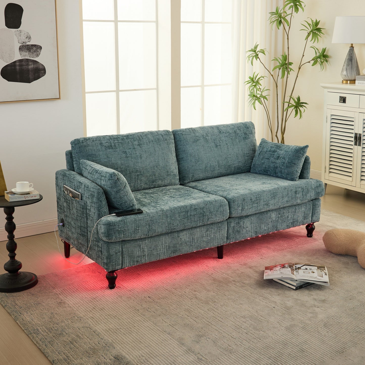 Canapé 2 places en chenille de style moderne avec pieds en bois, éclairage LED, port de chargement USB et sac de rangement, pour salon, chambre, bureau