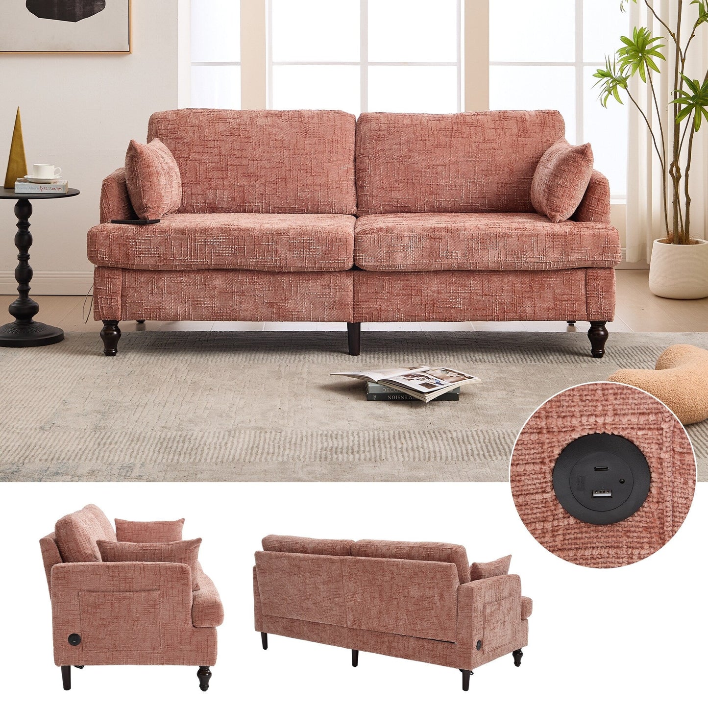 Canapé 2 places en chenille de style moderne avec pieds en bois, éclairage LED, port de chargement USB et sac de rangement, pour salon, chambre, bureau