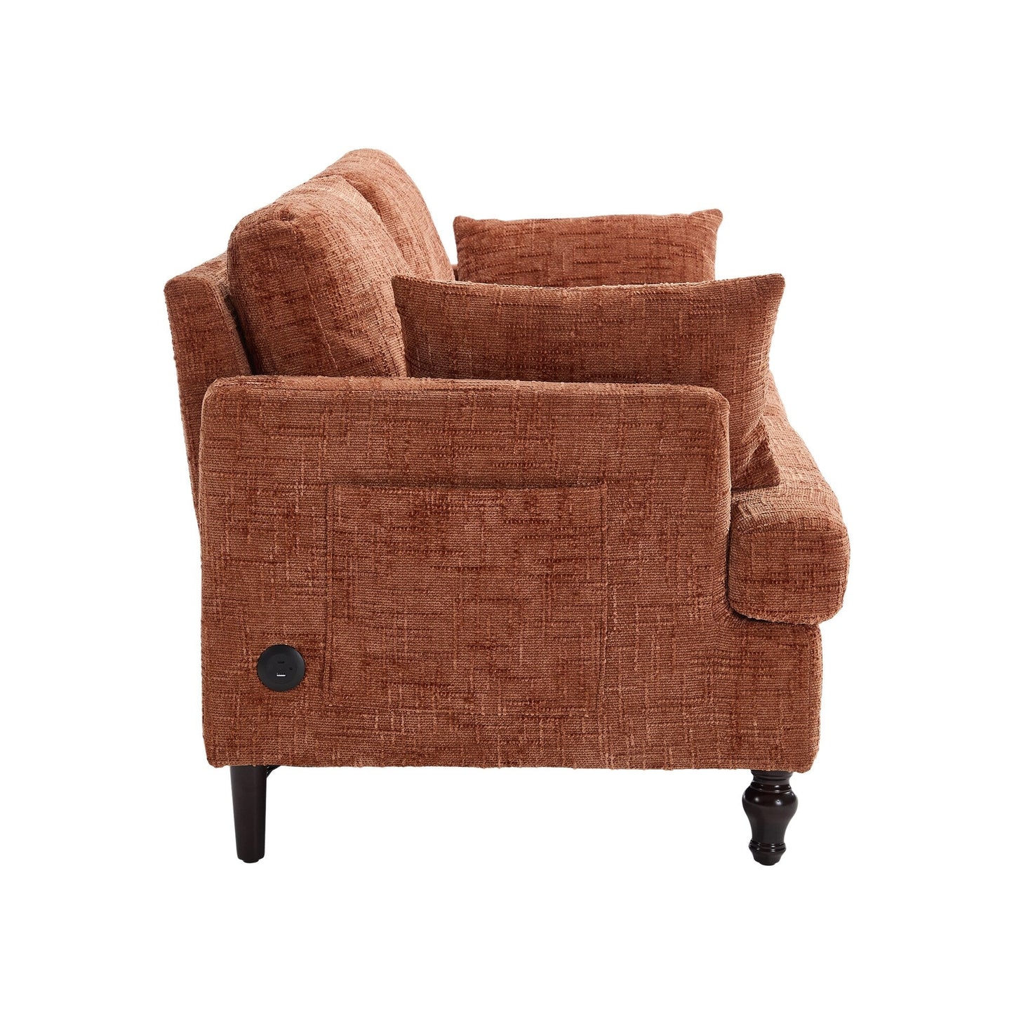 Canapé 2 places en chenille de style moderne avec pieds en bois, éclairage LED, port de chargement USB et sac de rangement, pour salon, chambre, bureau