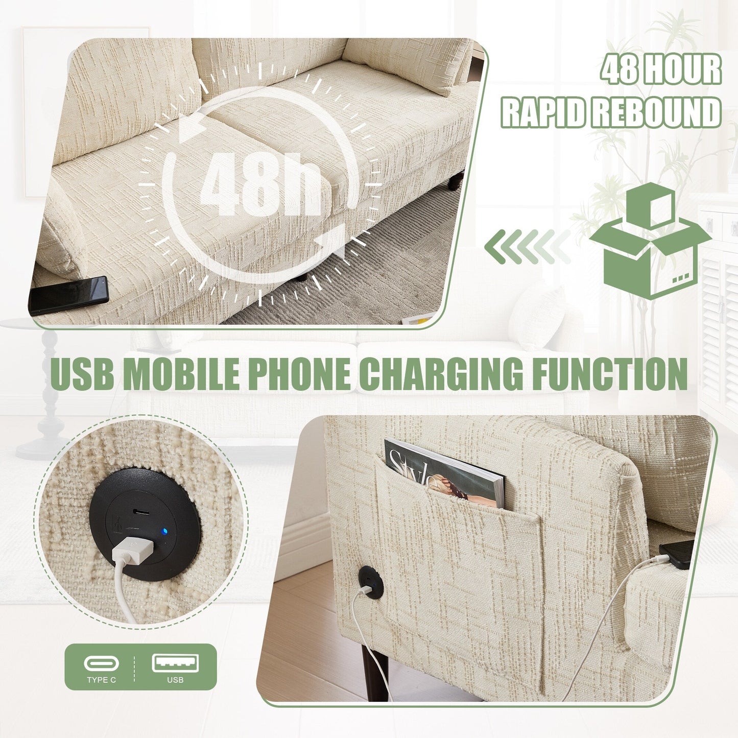 Canapé 2 places en chenille de style moderne avec pieds en bois, éclairage LED, port de chargement USB et sac de rangement, pour salon, chambre, bureau