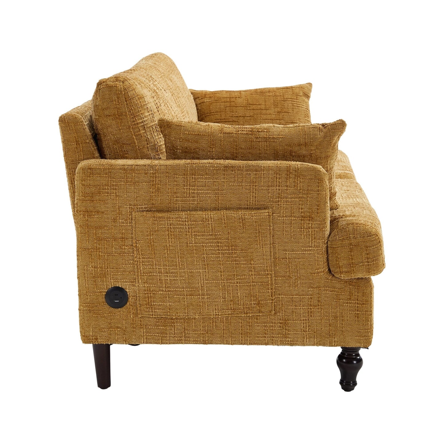 Canapé 2 places en chenille de style moderne avec pieds en bois, éclairage LED, port de chargement USB et sac de rangement, pour salon, chambre, bureau