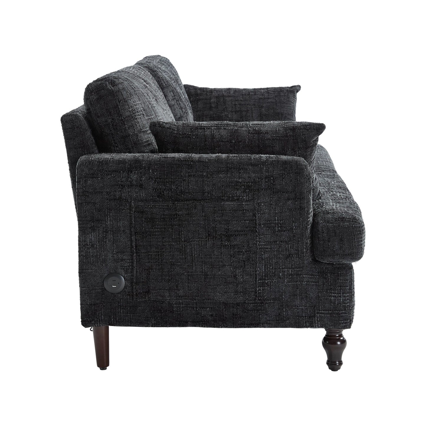 Canapé 2 places en chenille de style moderne avec pieds en bois, éclairage LED, port de chargement USB et sac de rangement, pour salon, chambre, bureau