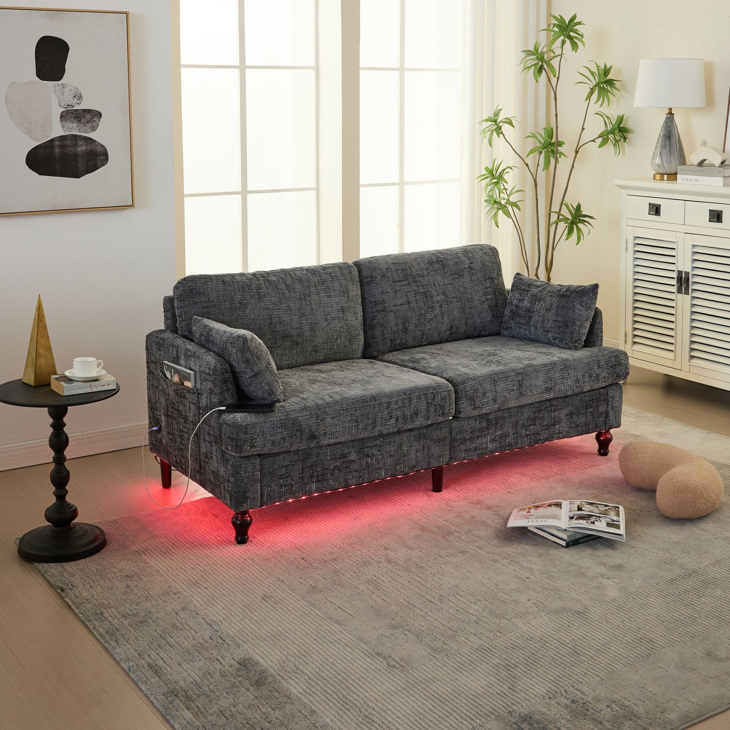 Canapé 2 places en chenille de style moderne avec pieds en bois, éclairage LED, port de chargement USB et sac de rangement, pour salon, chambre, bureau
