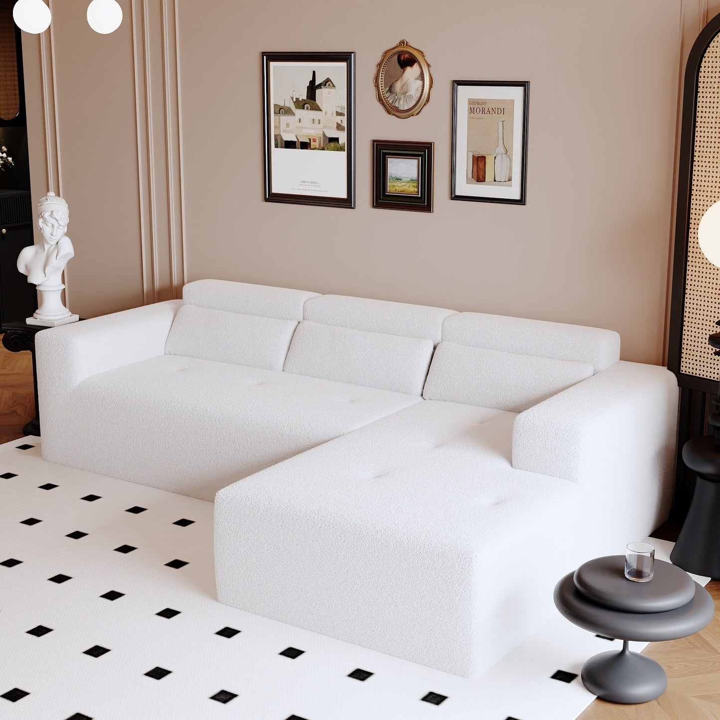Canapé sectionnel moderne en tissu Teddy en forme de L, canapé 3 places avec méridienne et oreillers pour salon et appartement