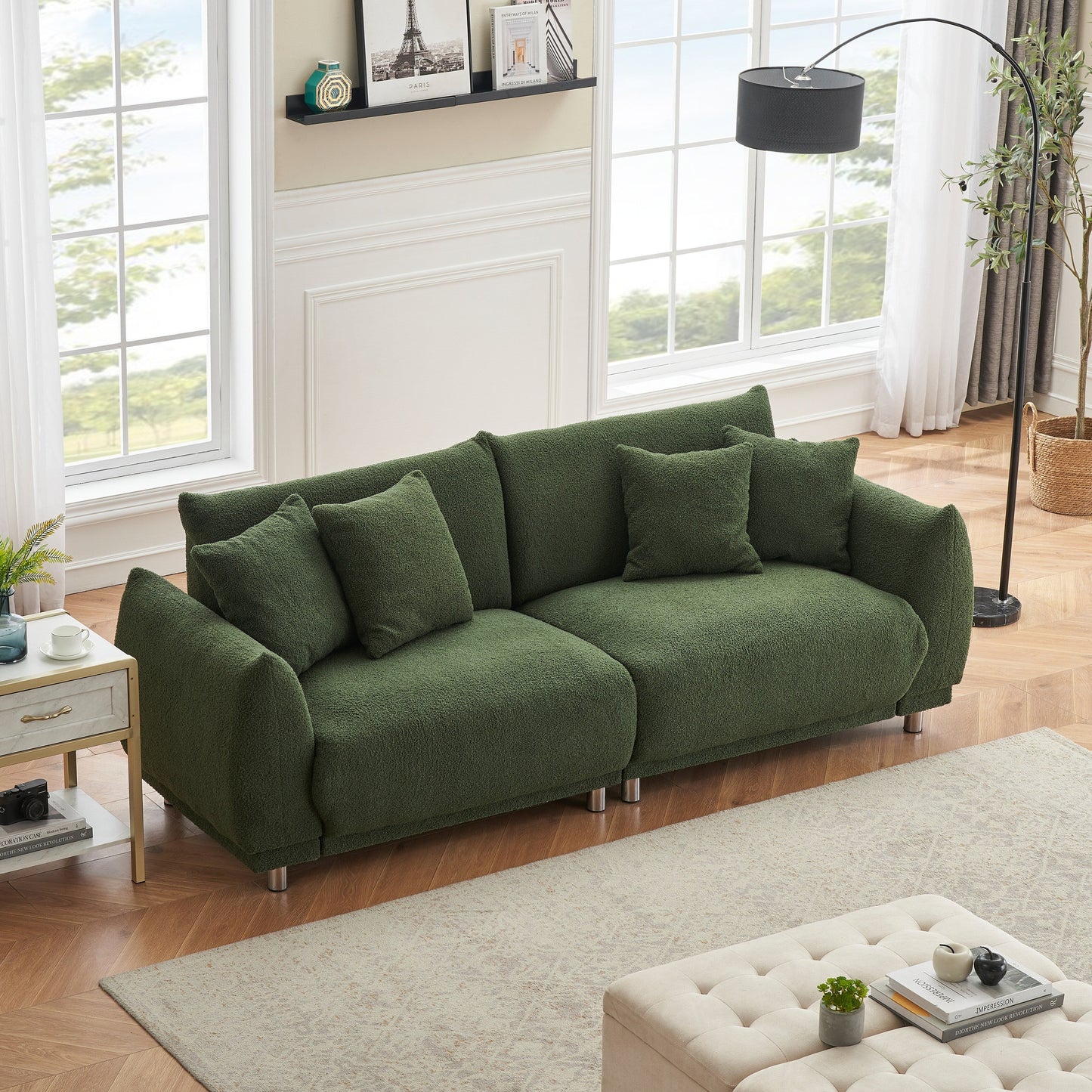 Canapé moderne en laine Teddy, causeuse confortable avec 4 coussins décoratifs et pieds en fer pour salon et appartement