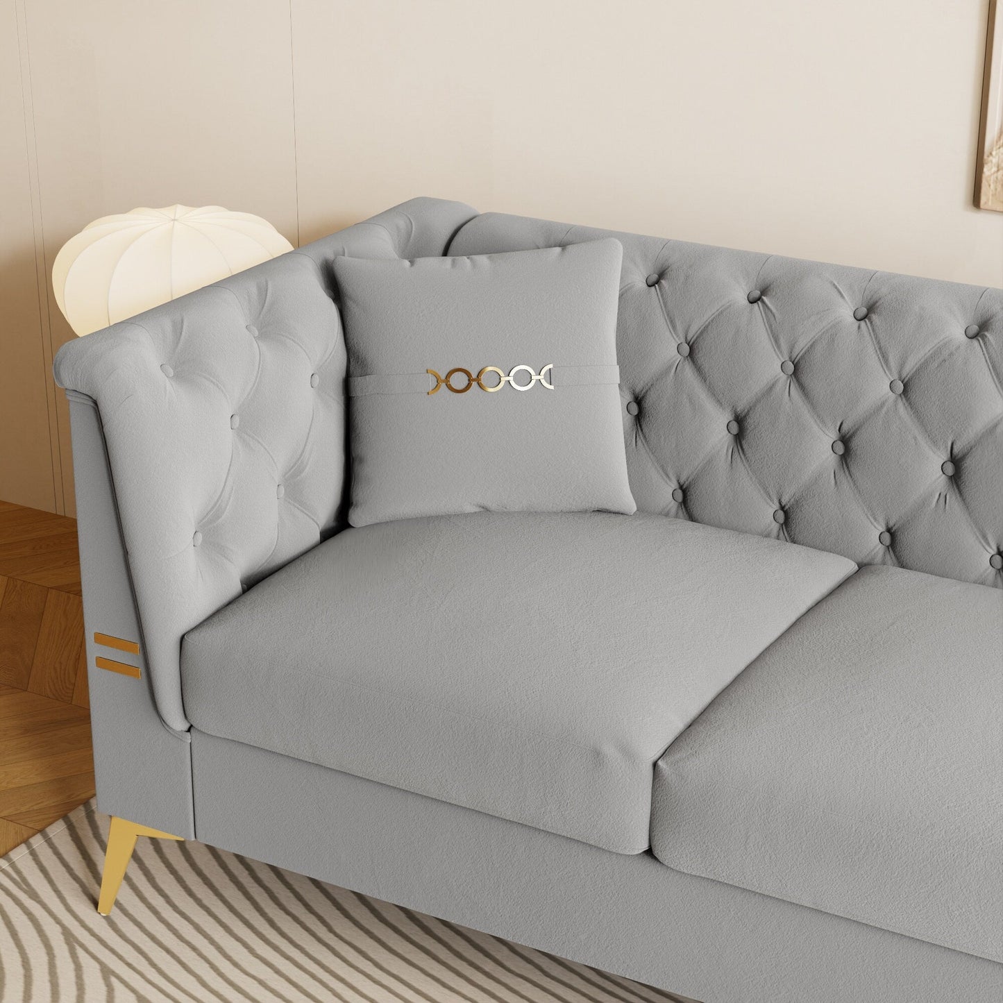 Canapé moderne en velours capitonné, canapé 3 places style milieu de siècle avec pieds et coussins en métal doré, élégant canapé de style Chesterfield