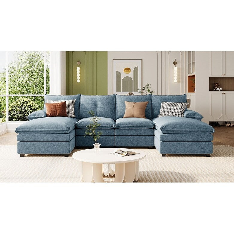 Canapé modulaire moderne en chenille en forme de U, canapé sectionnel 6 places avec dossier capitonné et coussins d'accoudoirs réglables