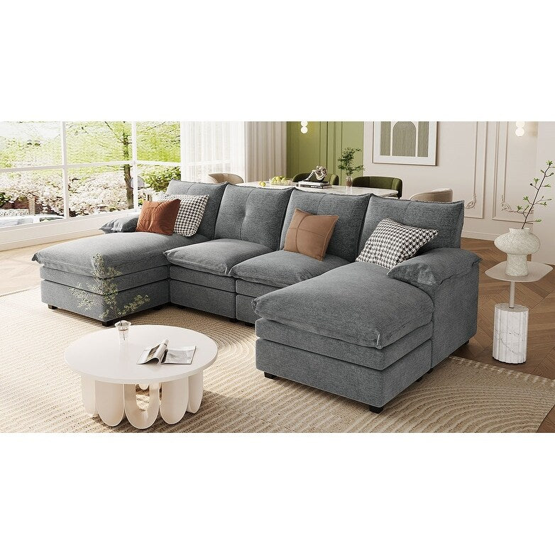 Canapé modulaire moderne en chenille en forme de U, canapé sectionnel 6 places avec dossier capitonné et coussins d'accoudoirs réglables