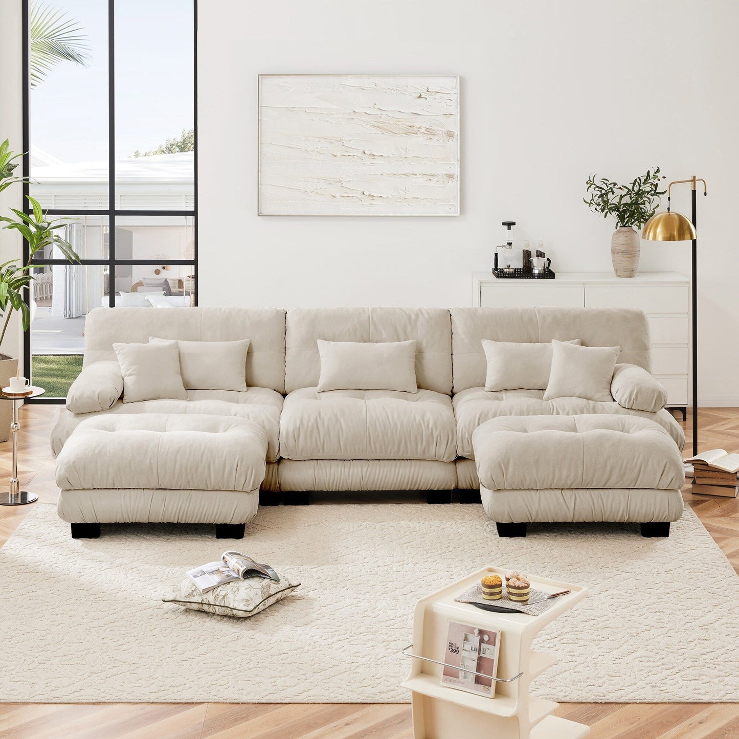 Canapé modulaire moderne en forme de U, sièges profonds, avec 2 poufs et coussins décoratifs pour le salon