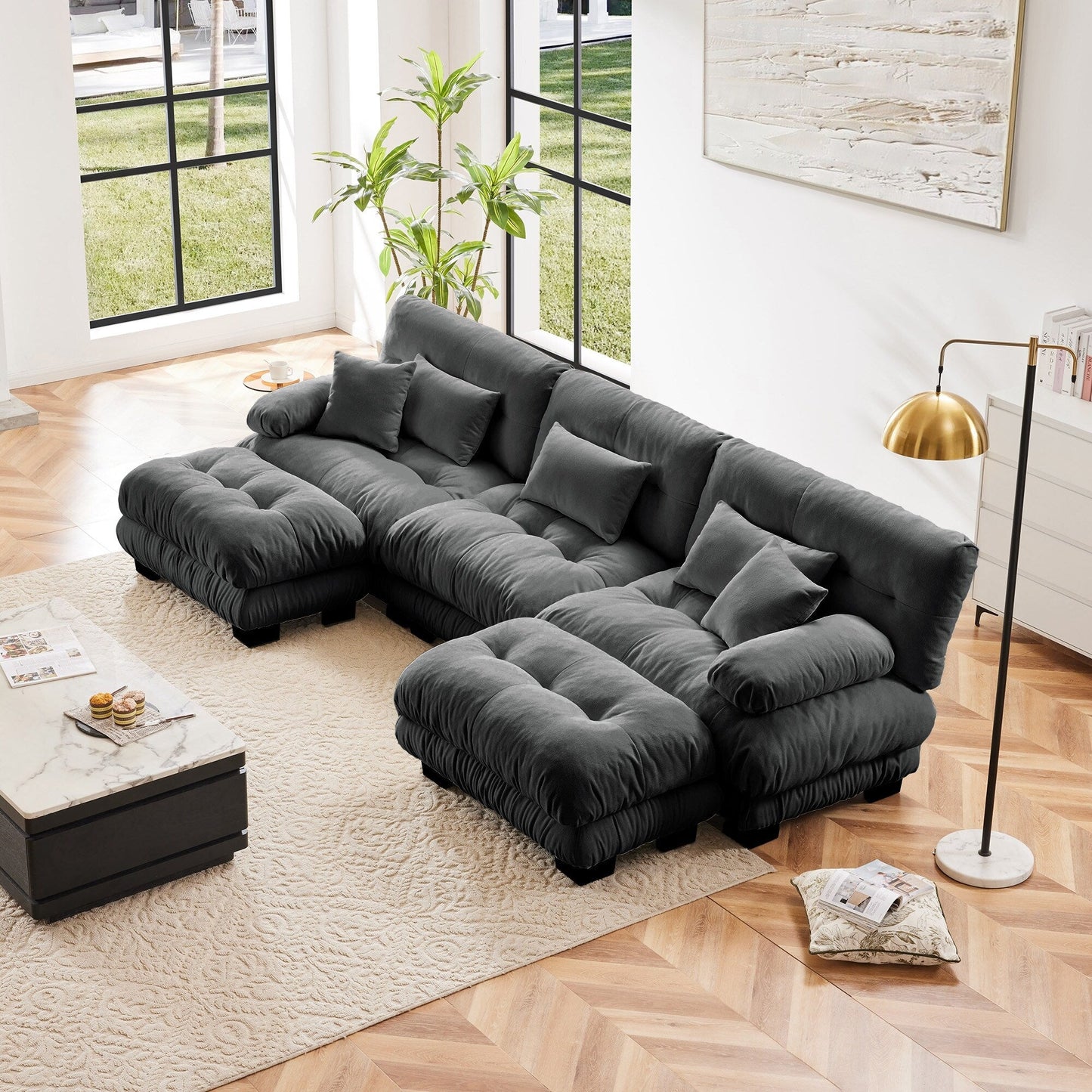Canapé modulaire moderne en forme de U, sièges profonds, avec 2 poufs et coussins décoratifs pour le salon