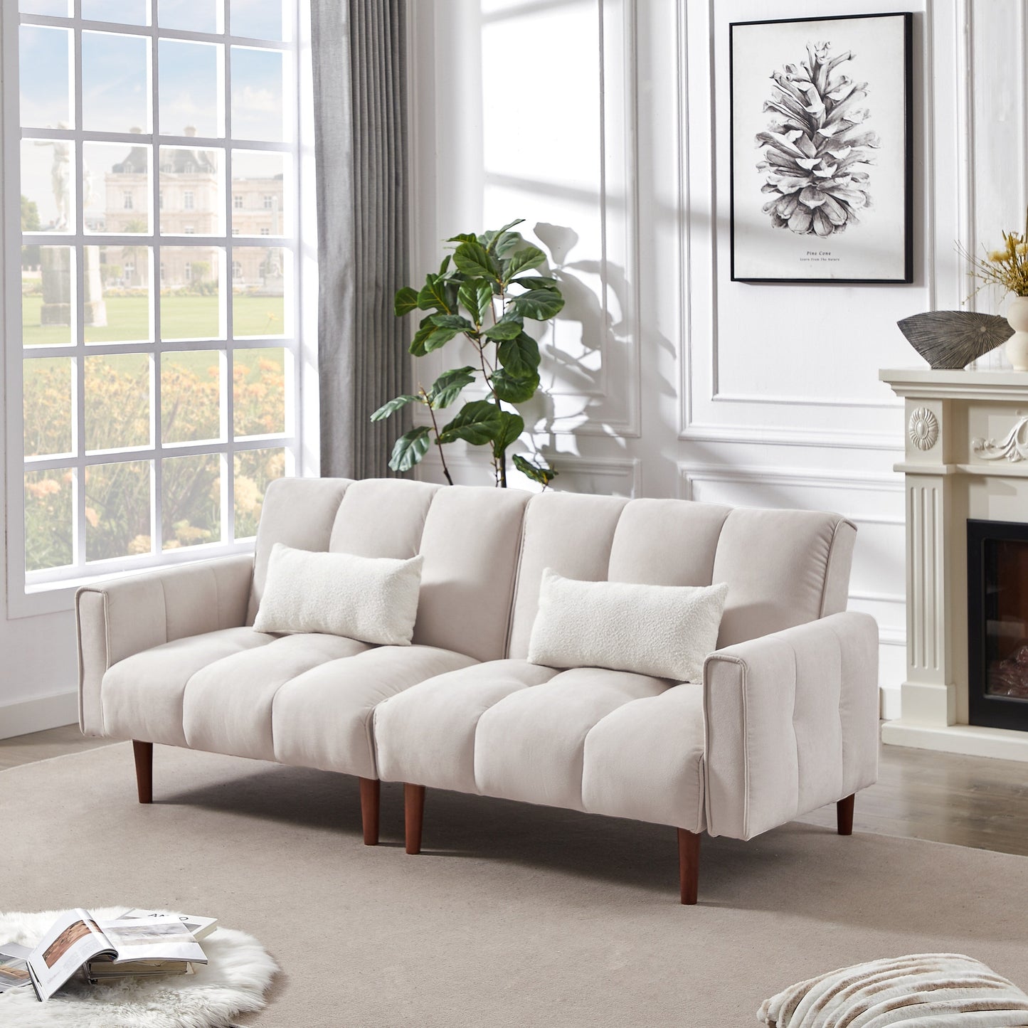 Canapé-lit futon moderne rembourré avec dossier réglable, pieds et oreillers en bois, idéal pour les appartements et les studios