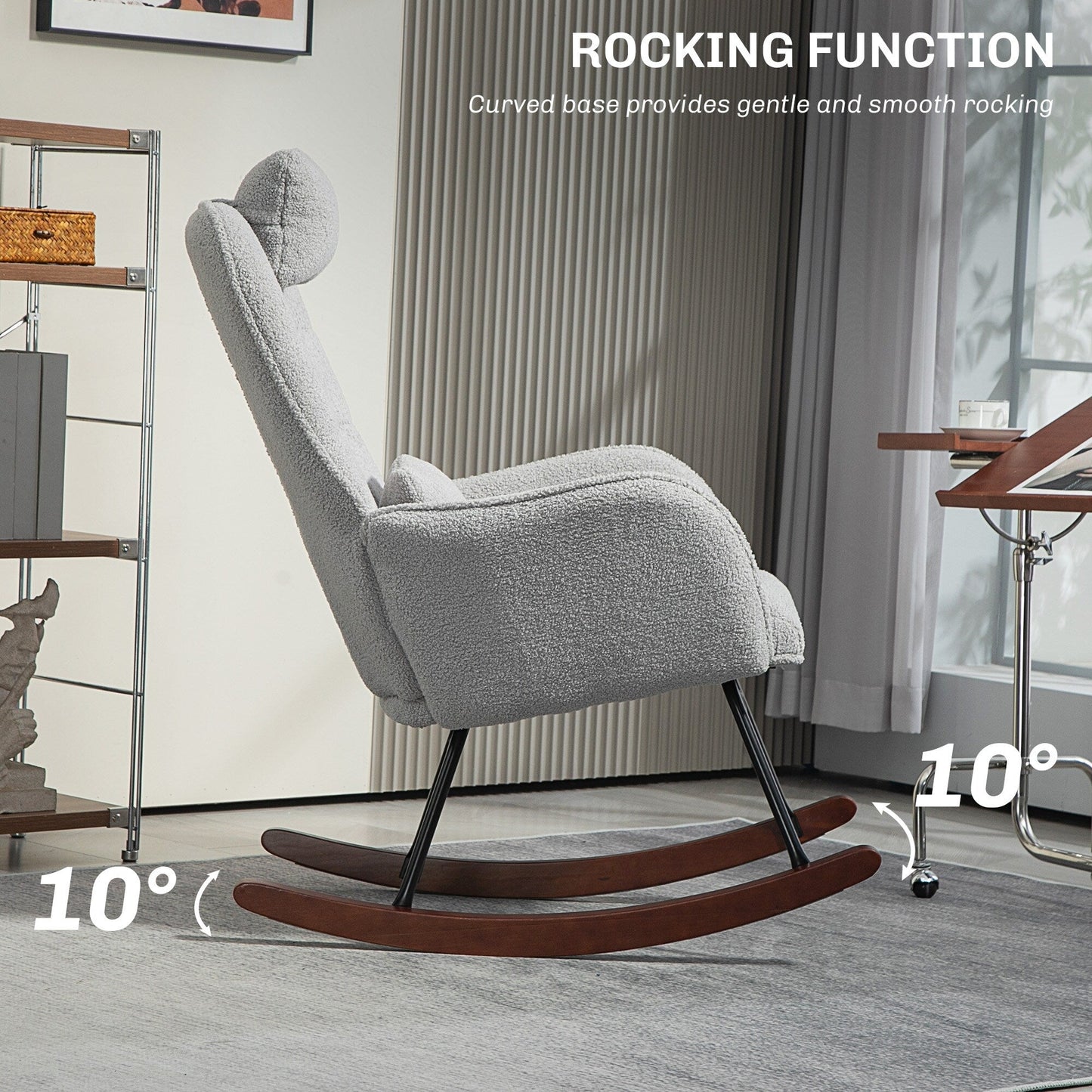 Fauteuil à bascule rembourré moderne avec dossier haut, appui-tête et coussin lombaire pour salon ou chambre à coucher