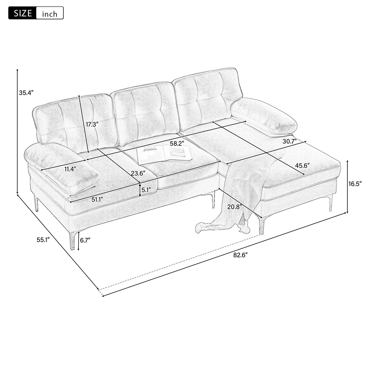 Canapé sectionnel moderne en velours en forme de L avec pieds en métal et dossier large pour salon et chambre à coucher