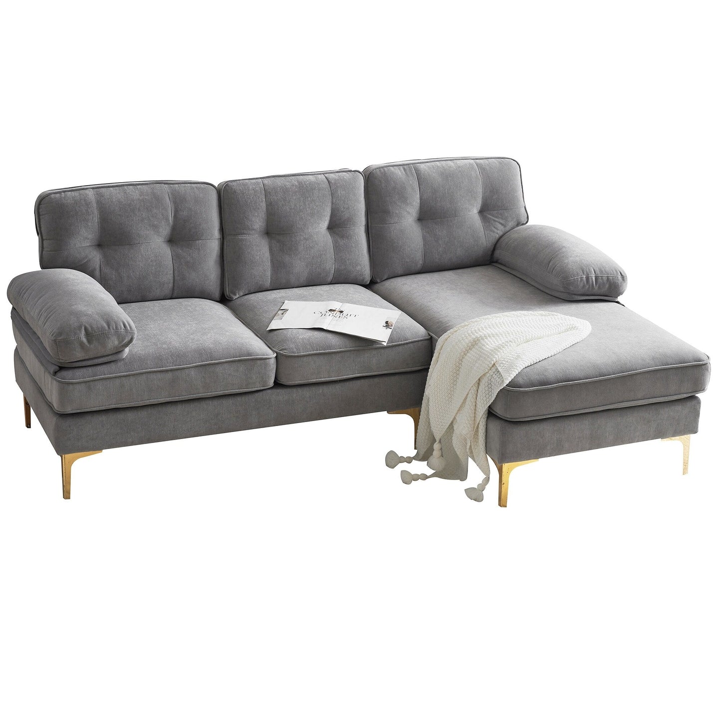 Canapé sectionnel moderne en velours en forme de L avec pieds en métal et dossier large pour salon et chambre à coucher