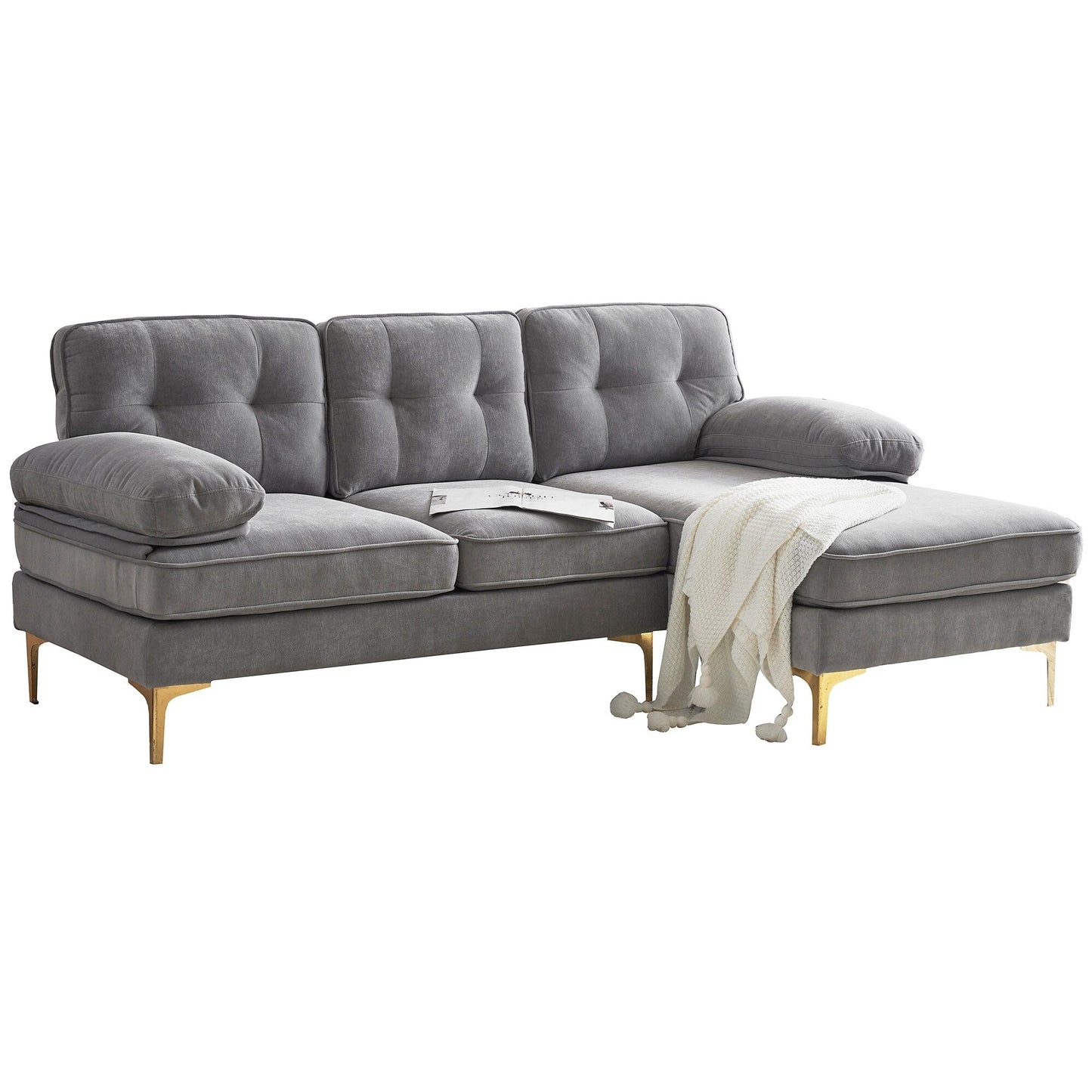 Canapé sectionnel moderne en velours en forme de L avec pieds en métal et dossier large pour salon et chambre à coucher