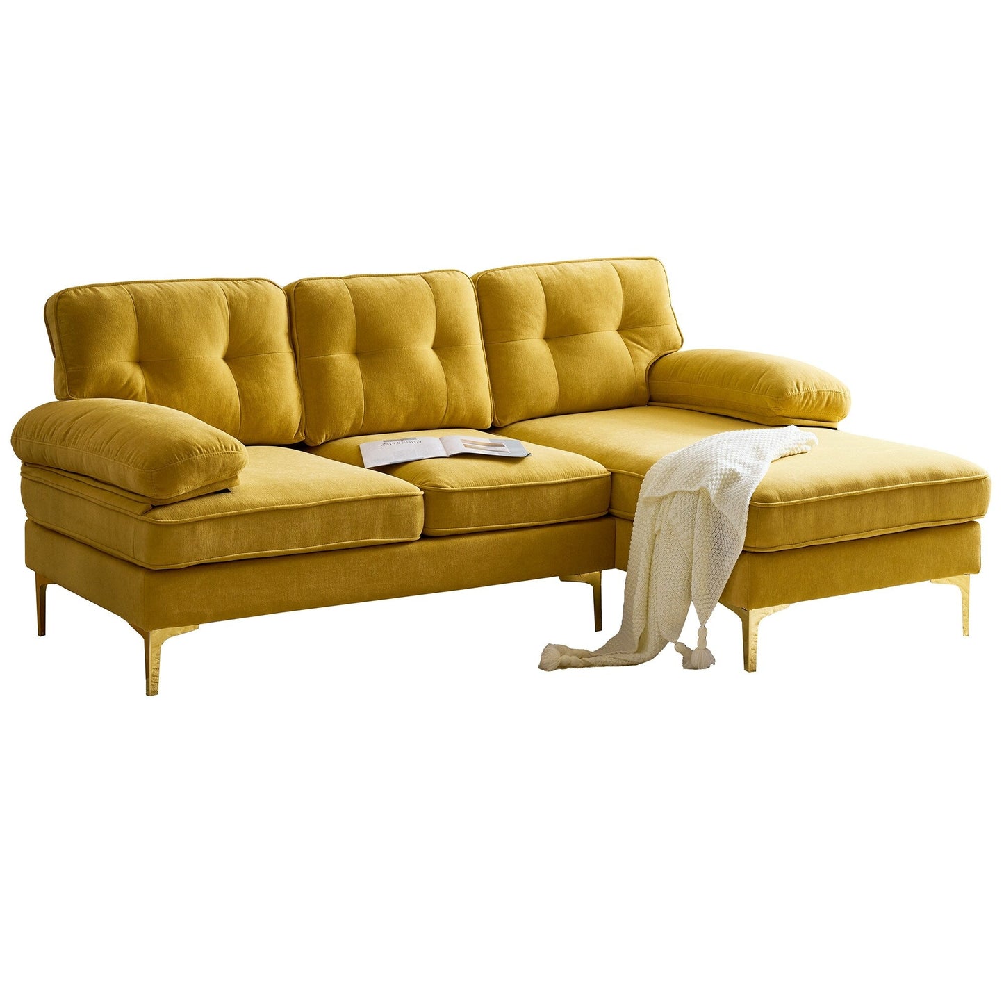 Canapé sectionnel moderne en velours en forme de L avec pieds en métal et dossier large pour salon et chambre à coucher