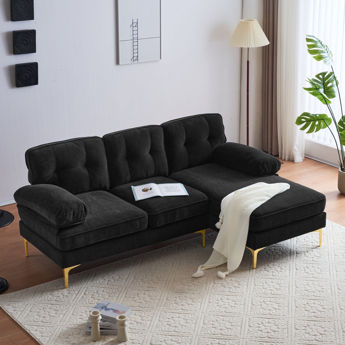 Canapé sectionnel moderne en velours en forme de L avec pieds en métal et dossier large pour salon et chambre à coucher