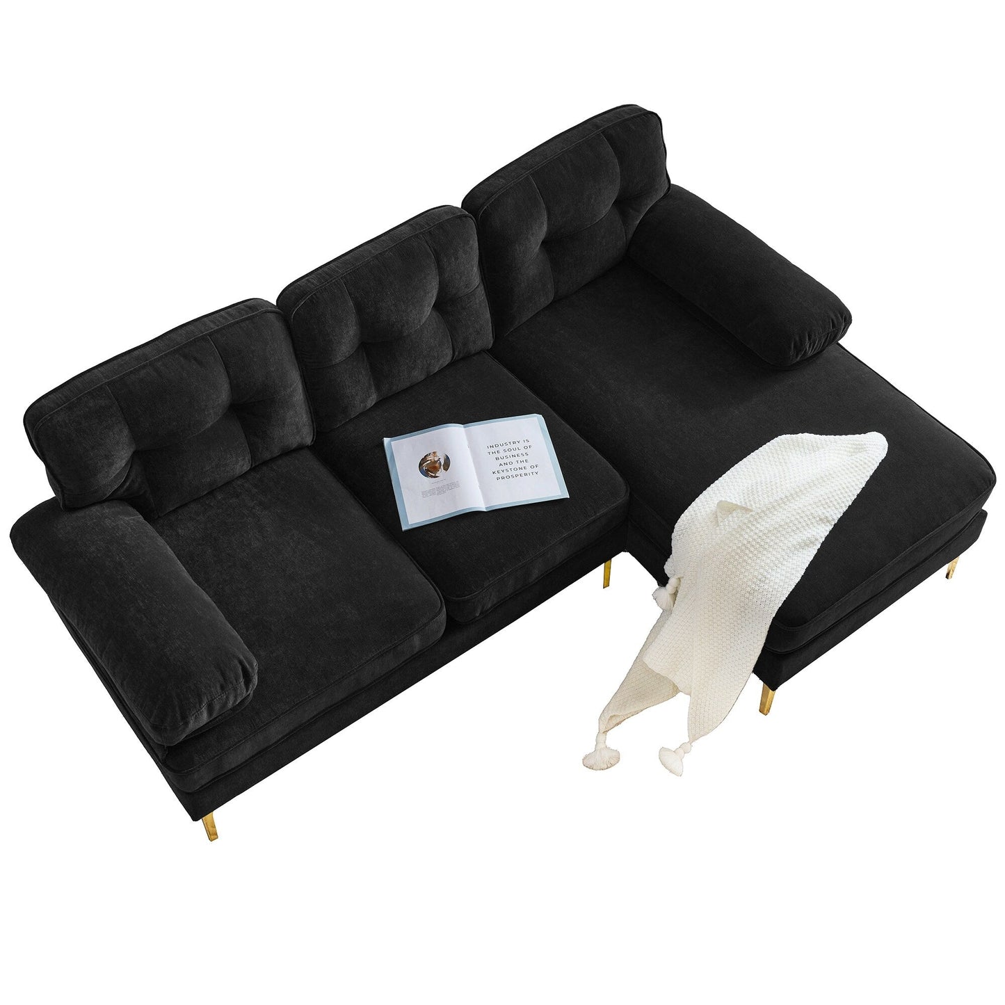 Canapé sectionnel moderne en velours en forme de L avec pieds en métal et dossier large pour salon et chambre à coucher
