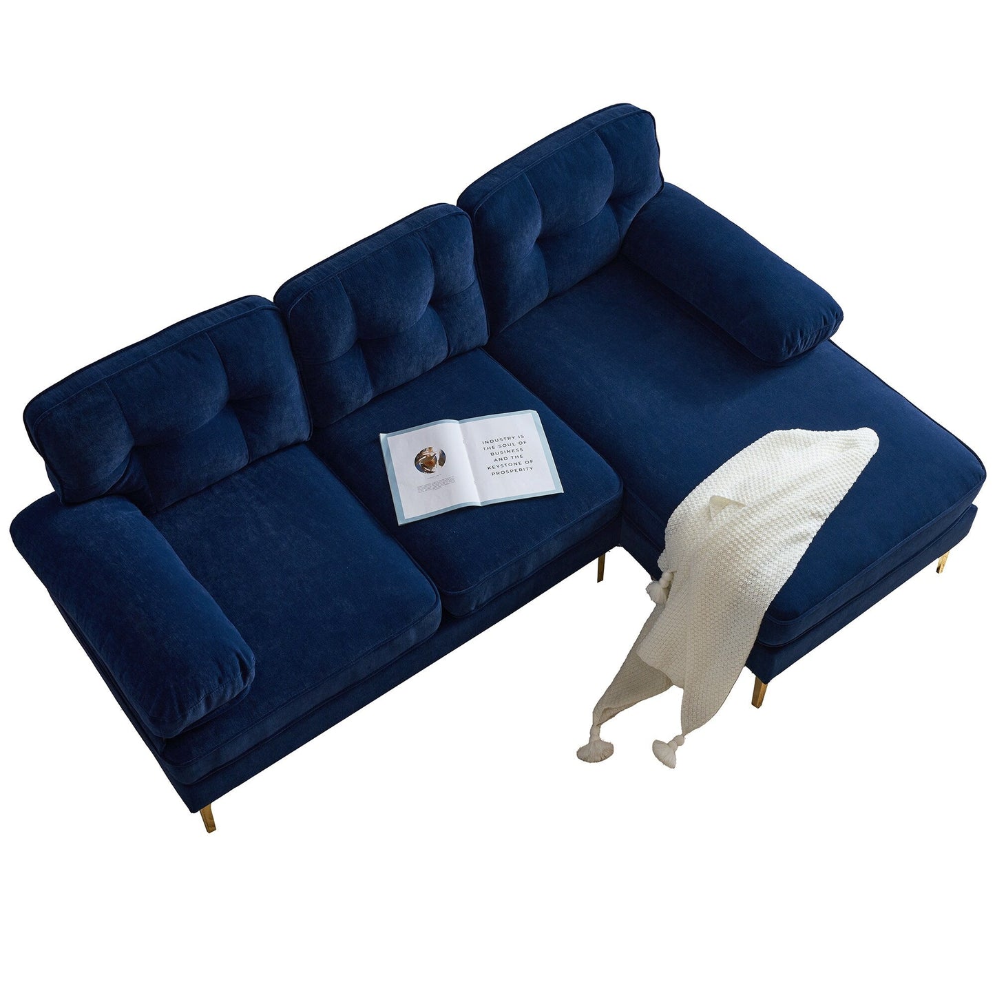 Canapé sectionnel moderne en velours en forme de L avec pieds en métal et dossier large pour salon et chambre à coucher