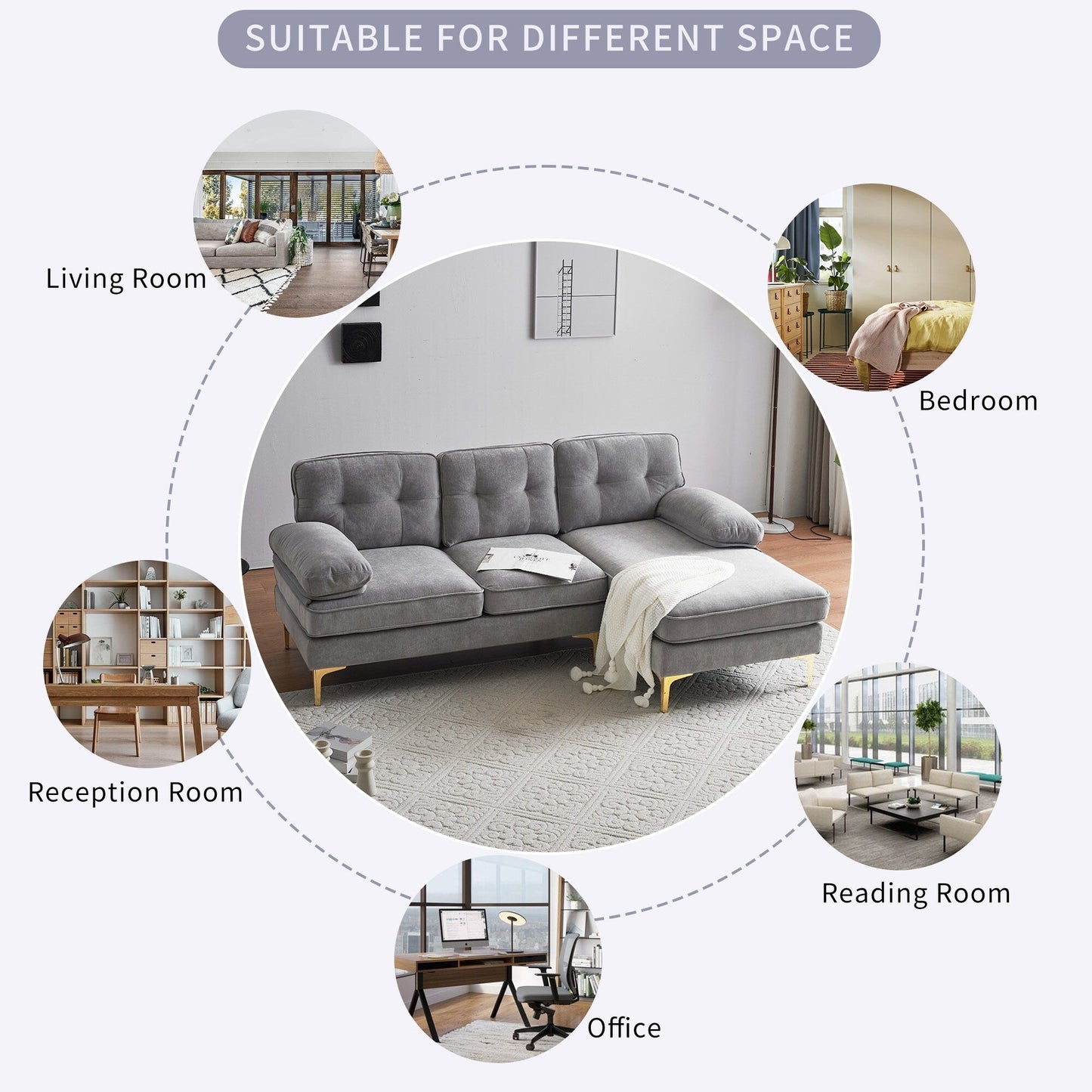 Canapé sectionnel moderne en velours en forme de L avec pieds en métal et dossier large pour salon et chambre à coucher
