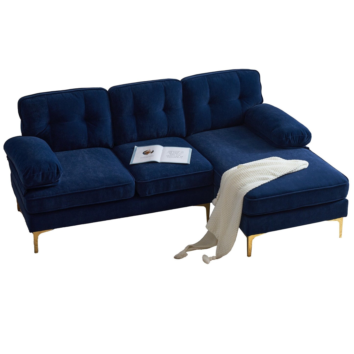 Canapé sectionnel moderne en velours en forme de L avec pieds en métal et dossier large pour salon et chambre à coucher