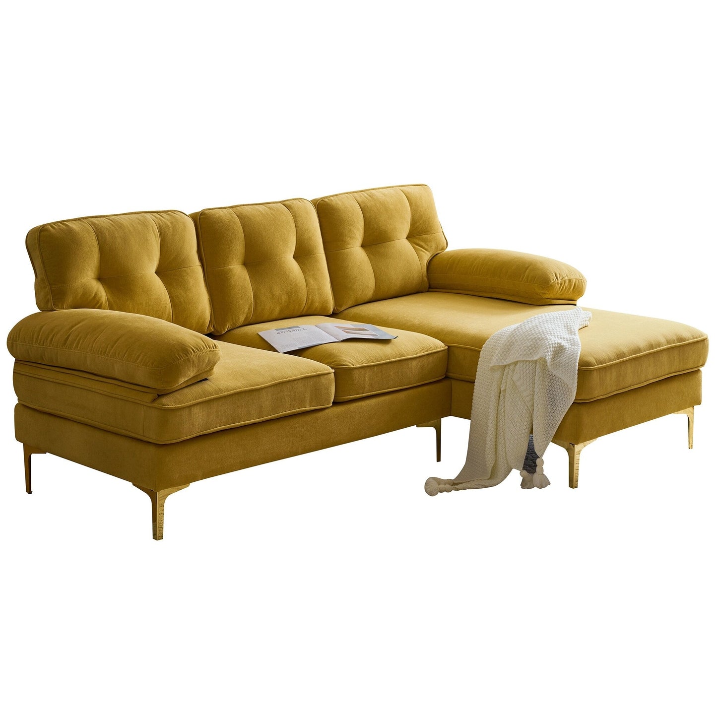 Canapé sectionnel moderne en velours en forme de L avec pieds en métal et dossier large pour salon et chambre à coucher