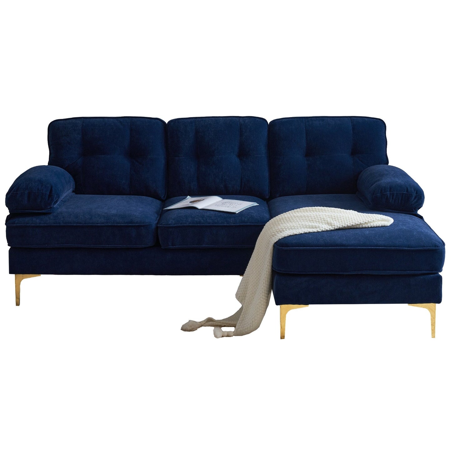Canapé sectionnel moderne en velours en forme de L avec pieds en métal et dossier large pour salon et chambre à coucher