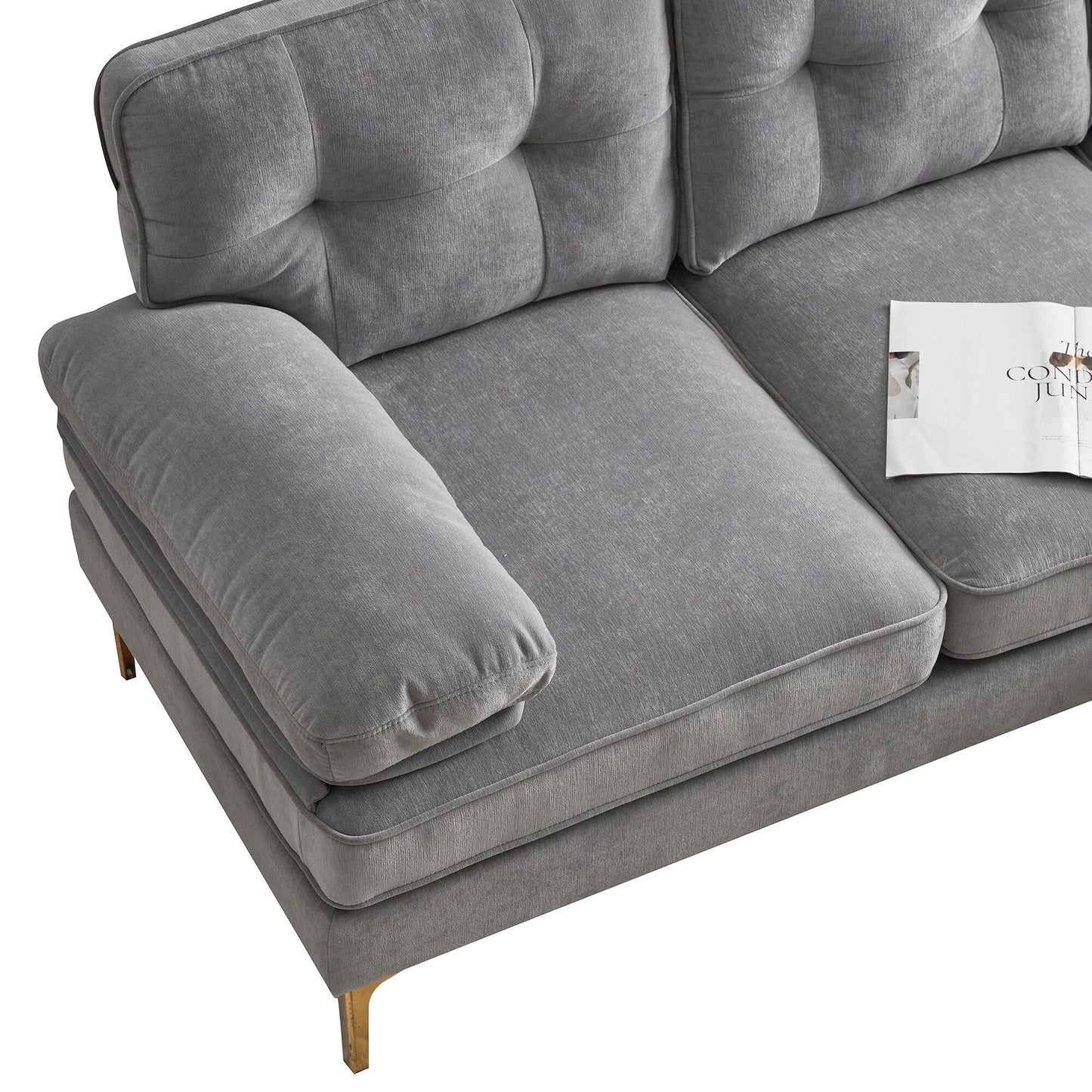 Canapé sectionnel moderne en velours en forme de L avec pieds en métal et dossier large pour salon et chambre à coucher