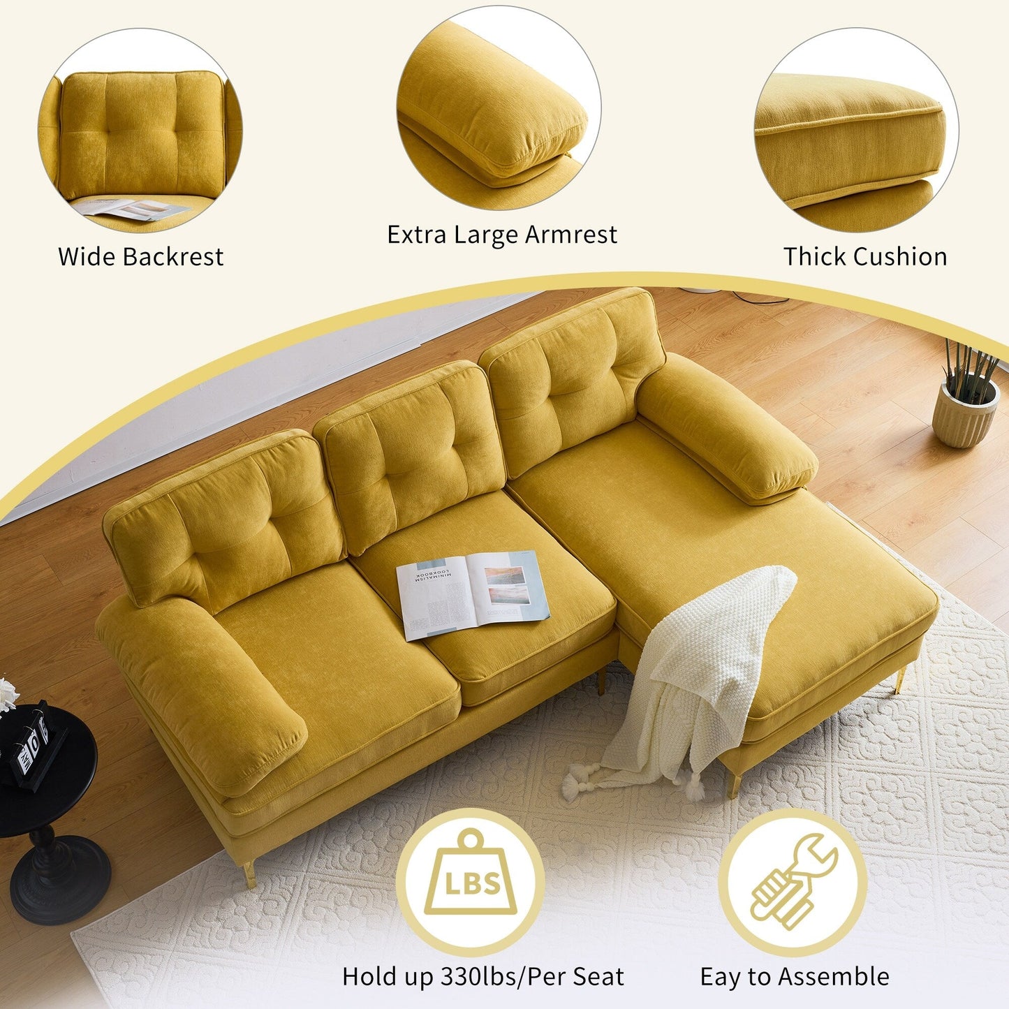 Canapé sectionnel moderne en velours en forme de L avec pieds en métal et dossier large pour salon et chambre à coucher