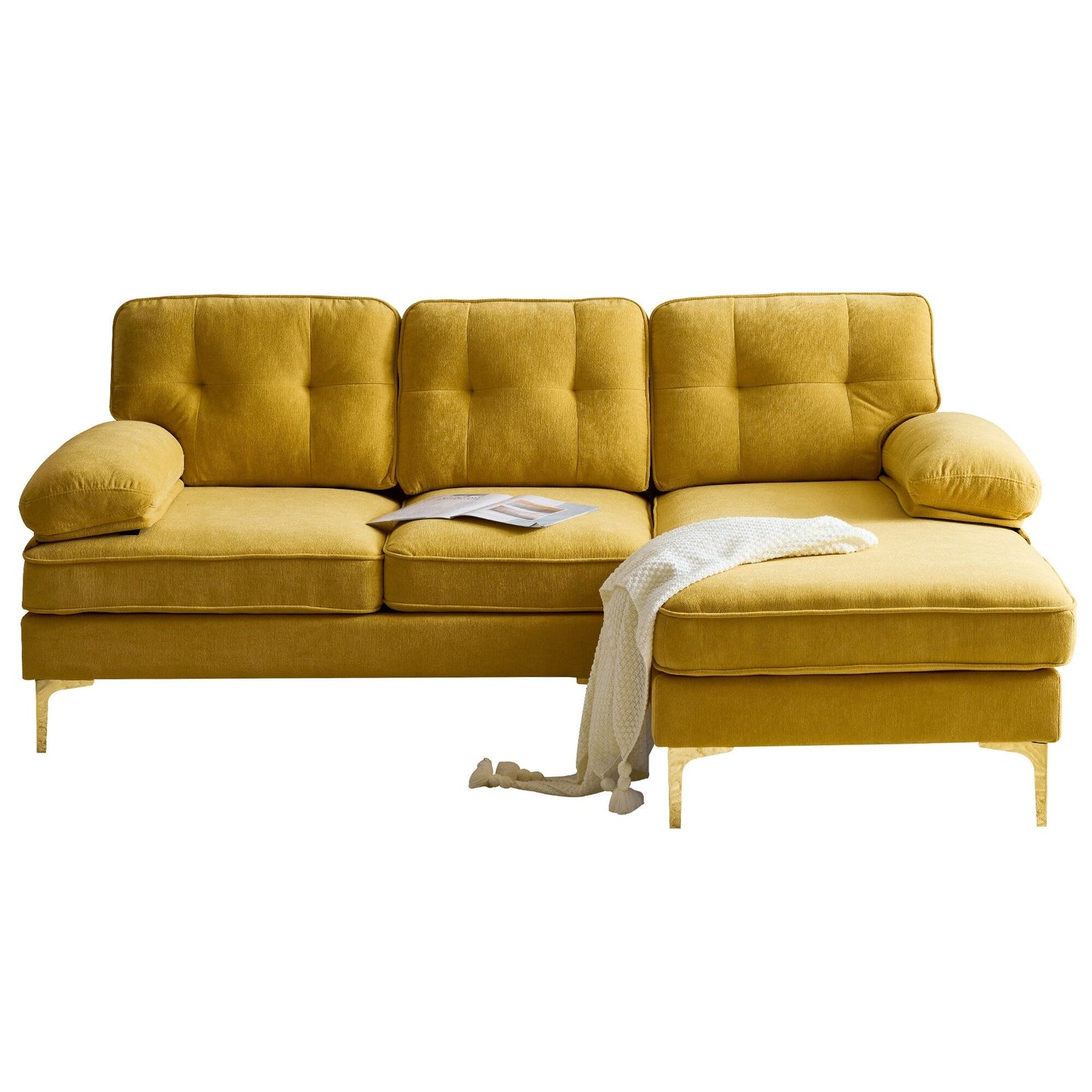 Canapé sectionnel moderne en velours en forme de L avec pieds en métal et dossier large pour salon et chambre à coucher