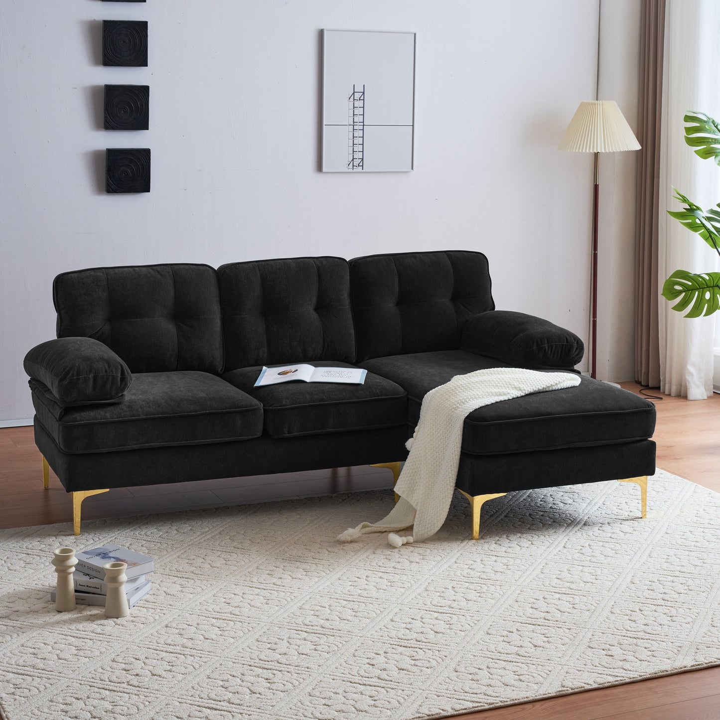 Canapé sectionnel moderne en velours en forme de L avec pieds en métal et dossier large pour salon et chambre à coucher