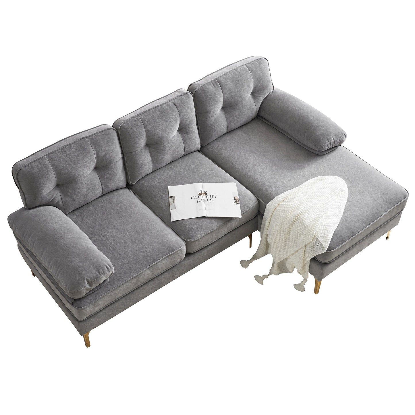 Canapé sectionnel moderne en velours en forme de L avec pieds en métal et dossier large pour salon et chambre à coucher