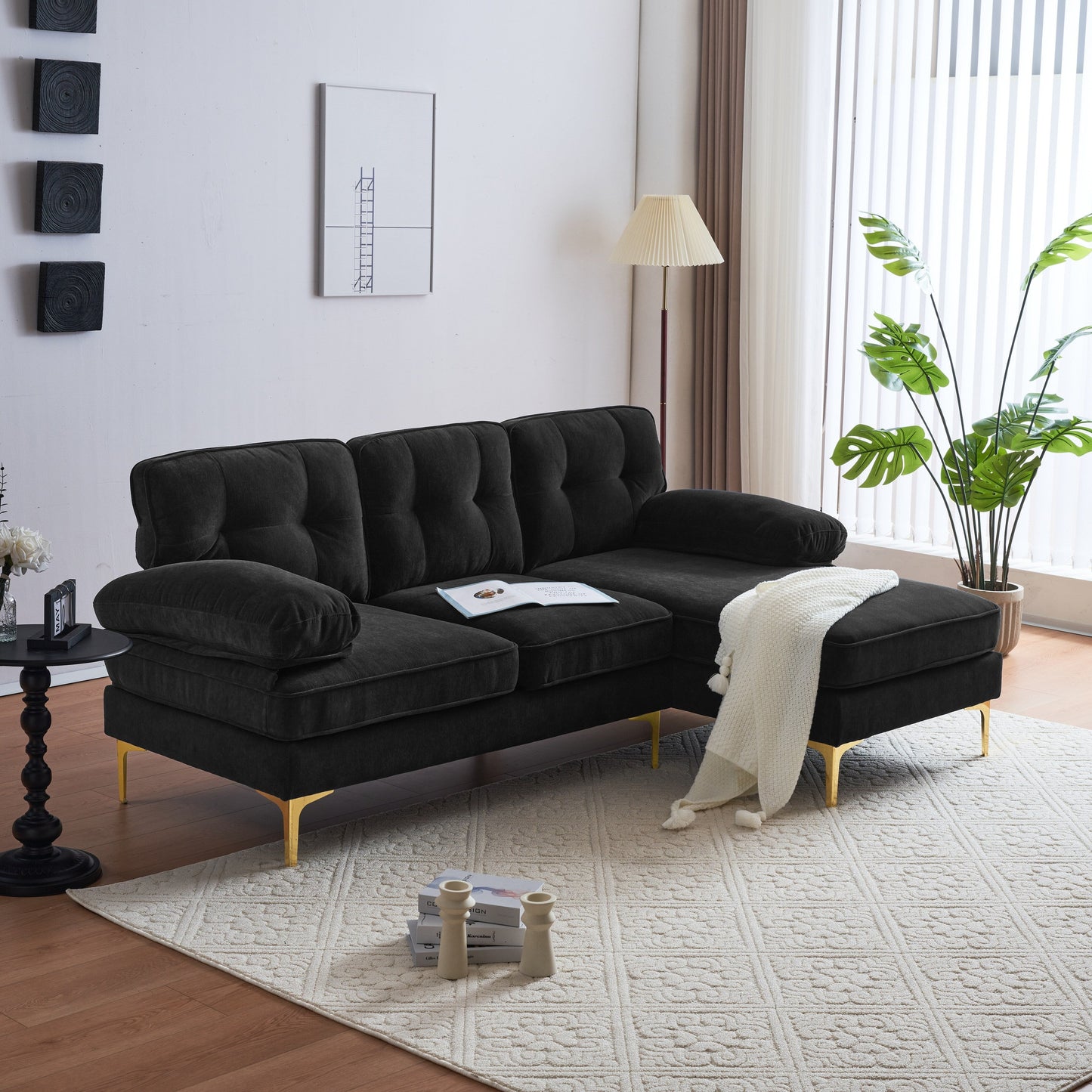 Canapé sectionnel moderne en velours en forme de L avec pieds en métal et dossier large pour salon et chambre à coucher