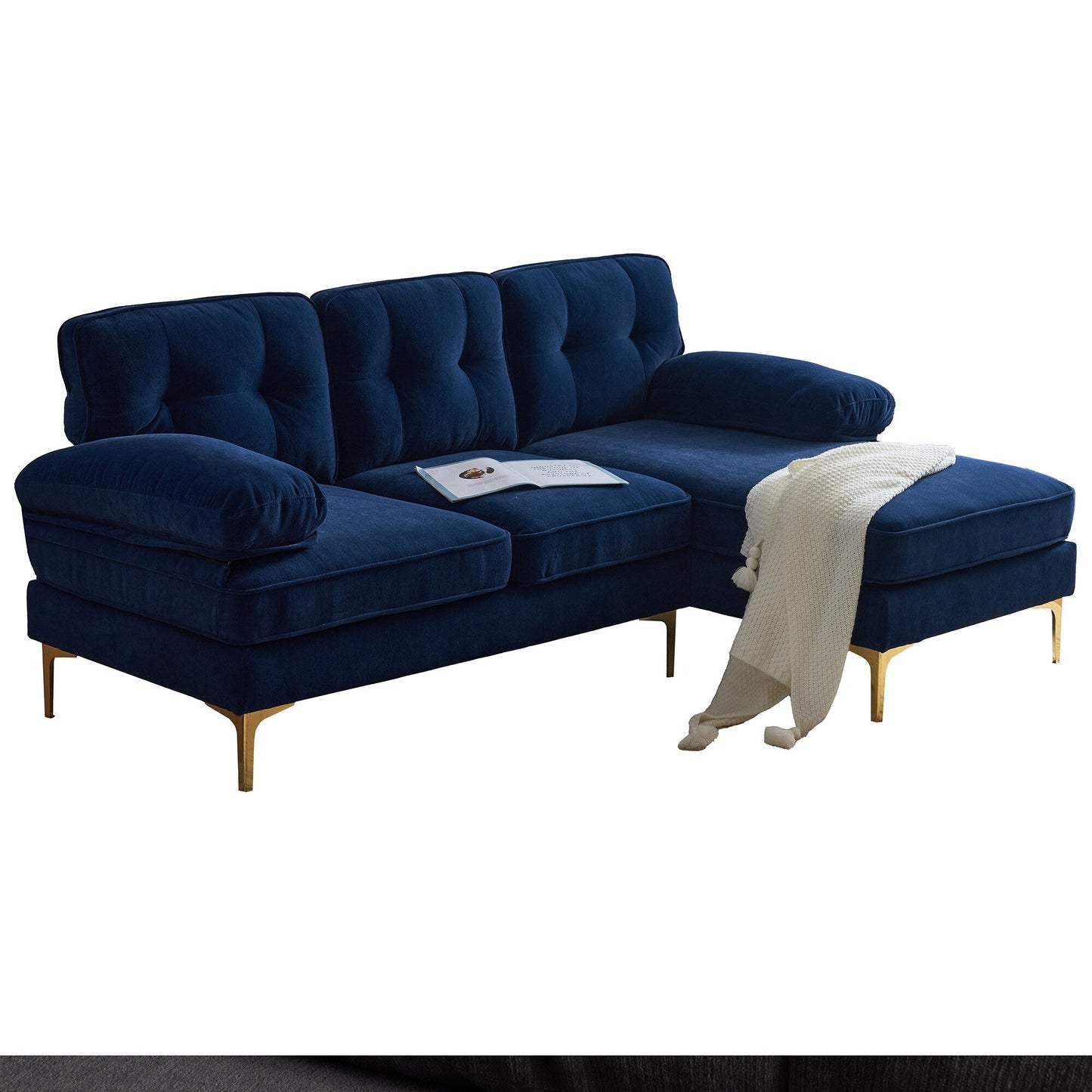 Canapé sectionnel moderne en velours en forme de L avec pieds en métal et dossier large pour salon et chambre à coucher