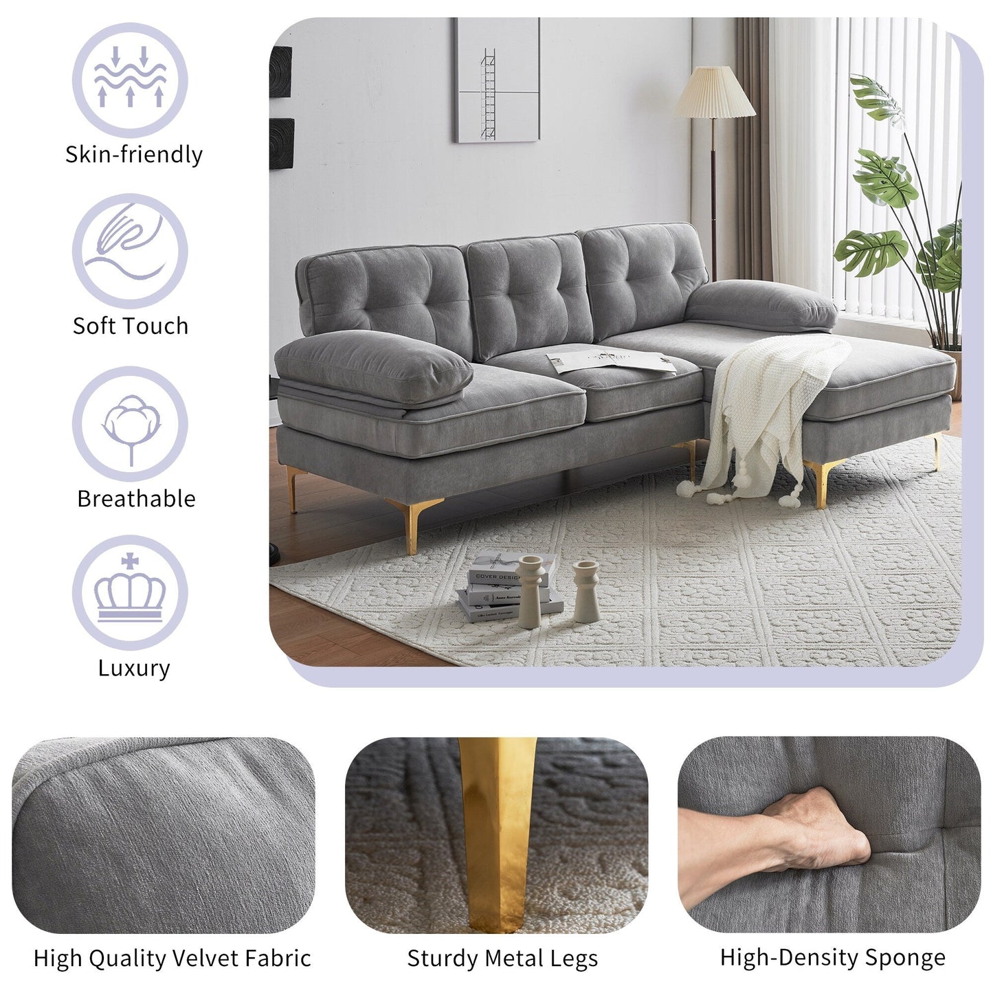 Canapé sectionnel moderne en velours en forme de L avec pieds en métal et dossier large pour salon et chambre à coucher
