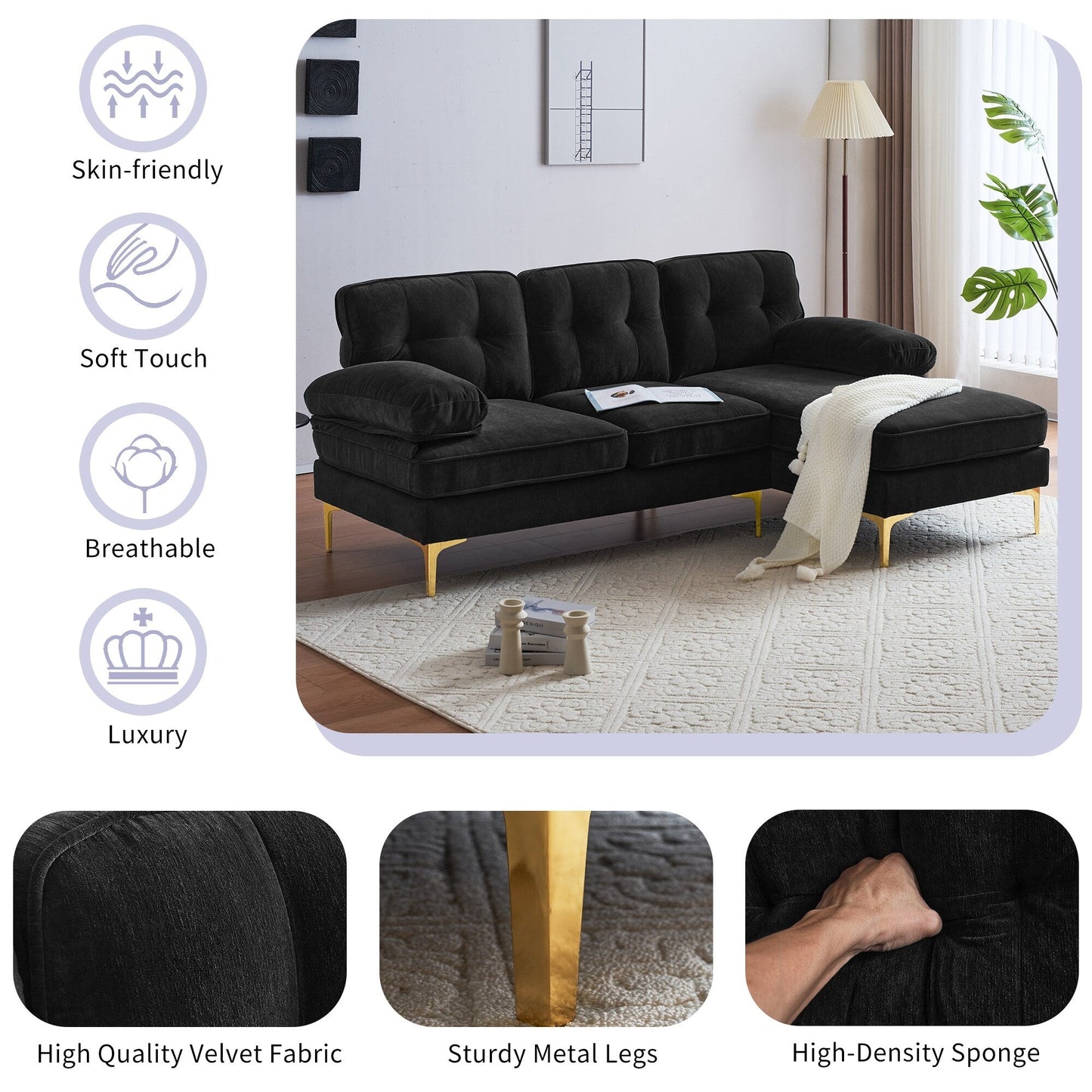 Canapé sectionnel moderne en velours en forme de L avec pieds en métal et dossier large pour salon et chambre à coucher