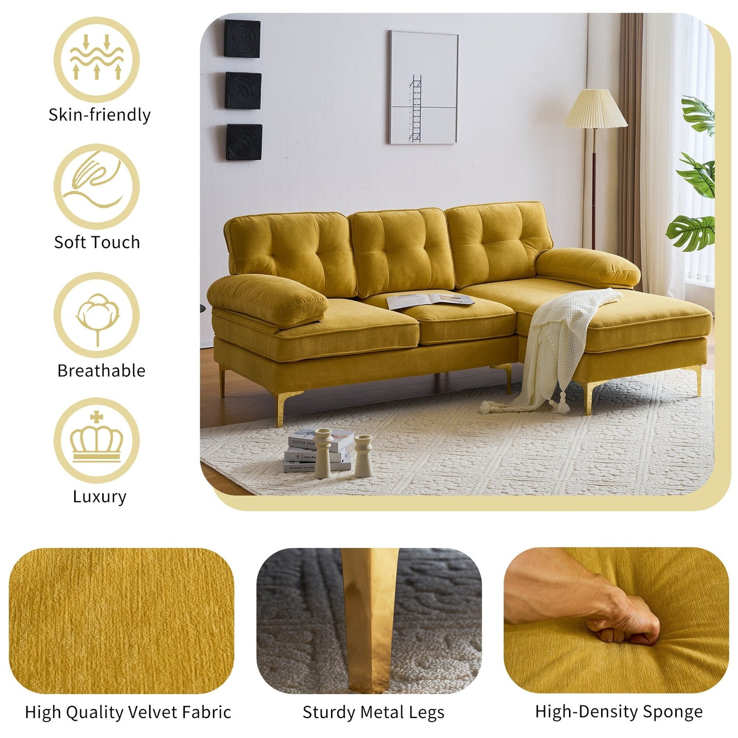 Canapé sectionnel moderne en velours en forme de L avec pieds en métal et dossier large pour salon et chambre à coucher