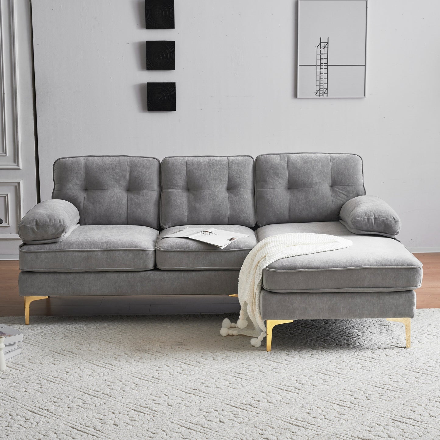 Canapé sectionnel moderne en velours en forme de L avec pieds en métal et dossier large pour salon et chambre à coucher