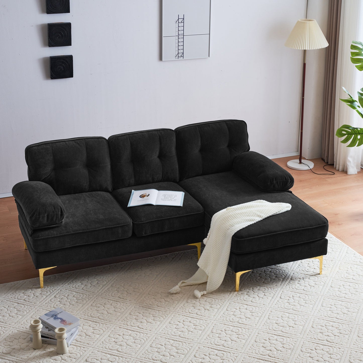 Canapé sectionnel moderne en velours en forme de L avec pieds en métal et dossier large pour salon et chambre à coucher