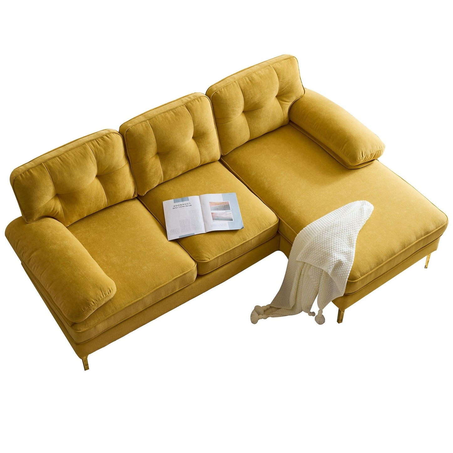 Canapé sectionnel moderne en velours en forme de L avec pieds en métal et dossier large pour salon et chambre à coucher