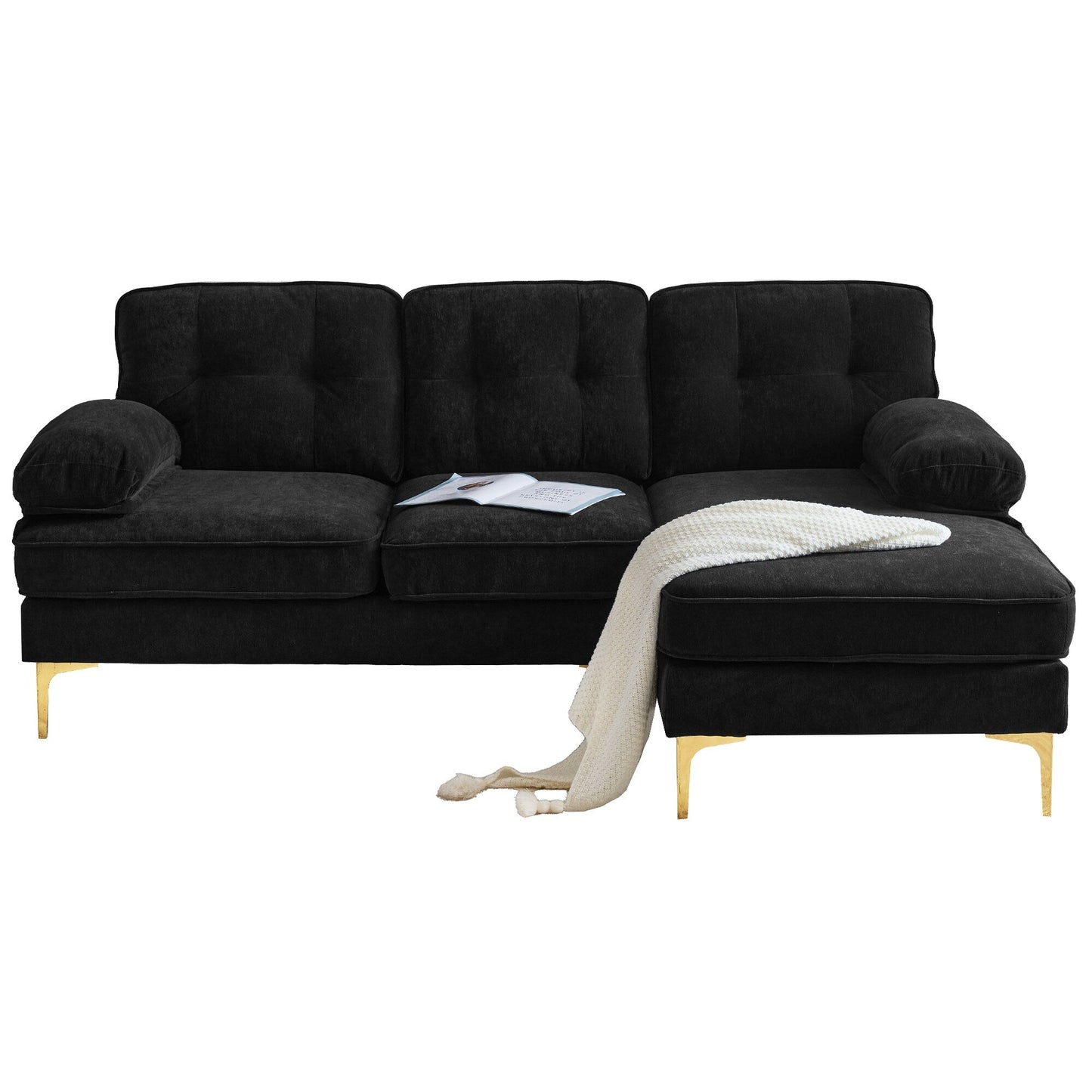 Canapé sectionnel moderne en velours en forme de L avec pieds en métal et dossier large pour salon et chambre à coucher
