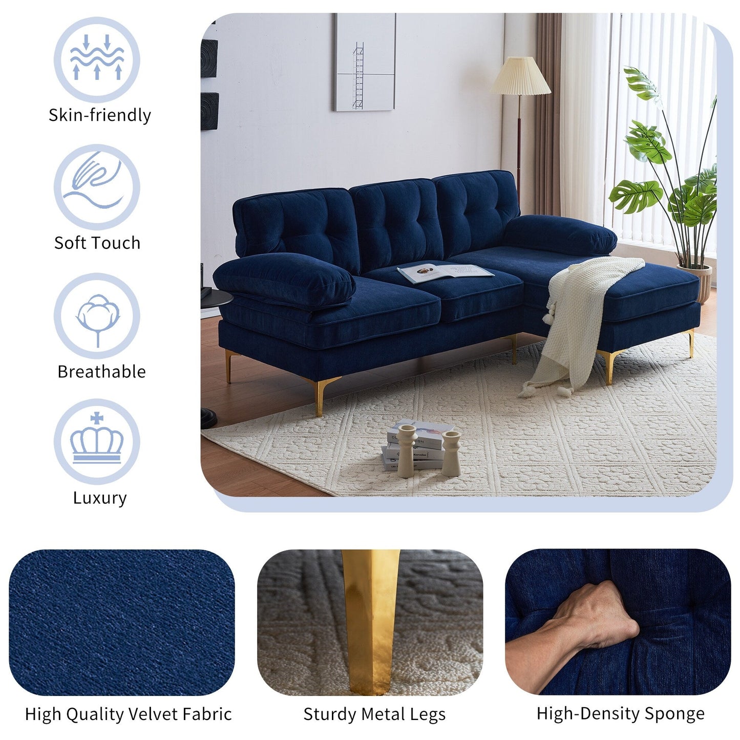 Canapé sectionnel moderne en velours en forme de L avec pieds en métal et dossier large pour salon et chambre à coucher