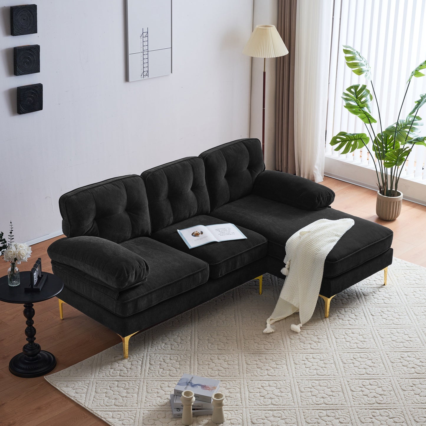 Canapé sectionnel moderne en velours en forme de L avec pieds en métal et dossier large pour salon et chambre à coucher