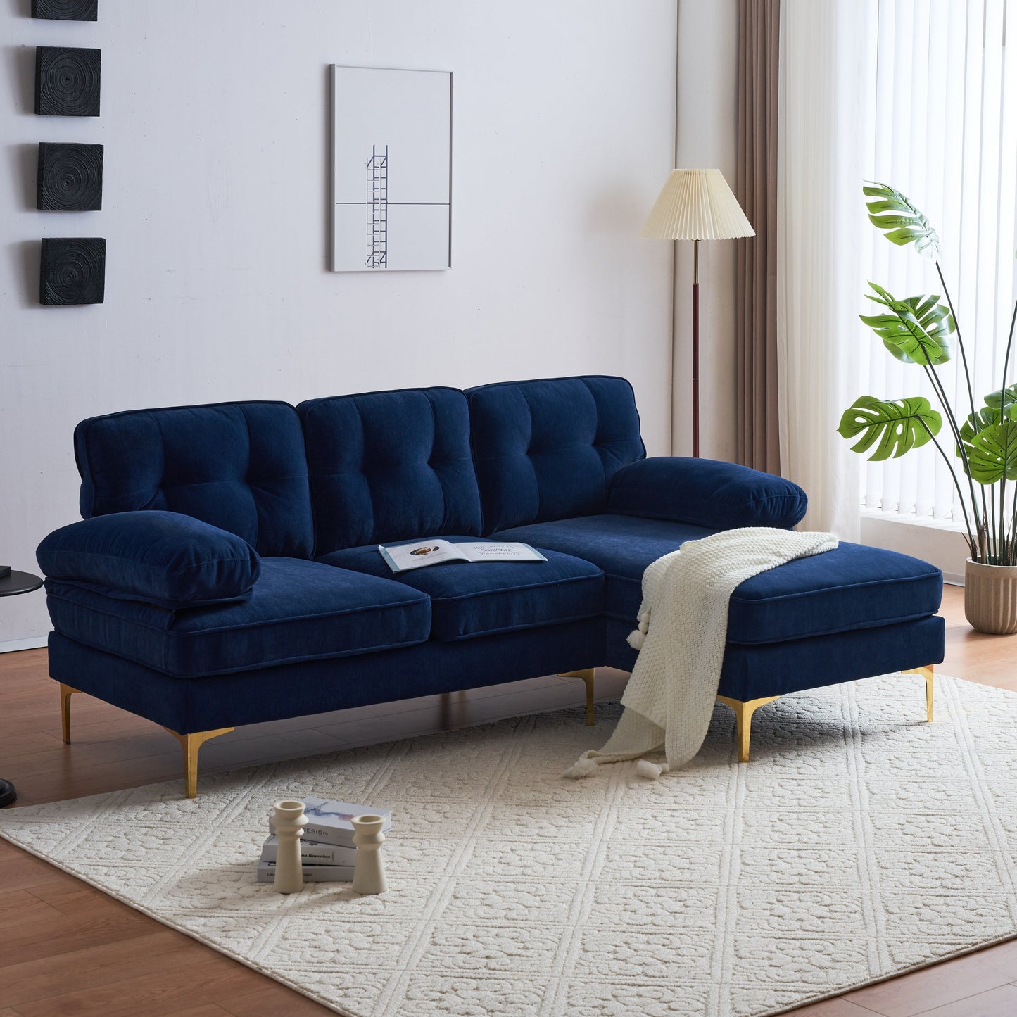 Canapé sectionnel moderne en velours en forme de L avec pieds en métal et dossier large pour salon et chambre à coucher