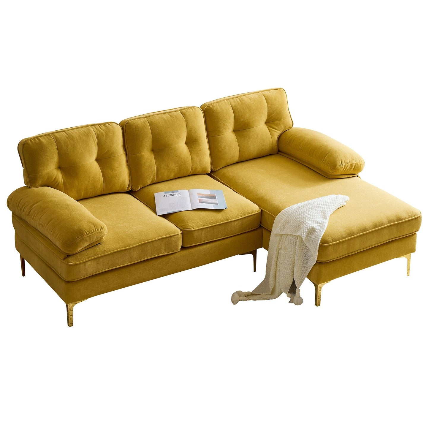 Canapé sectionnel moderne en velours en forme de L avec pieds en métal et dossier large pour salon et chambre à coucher