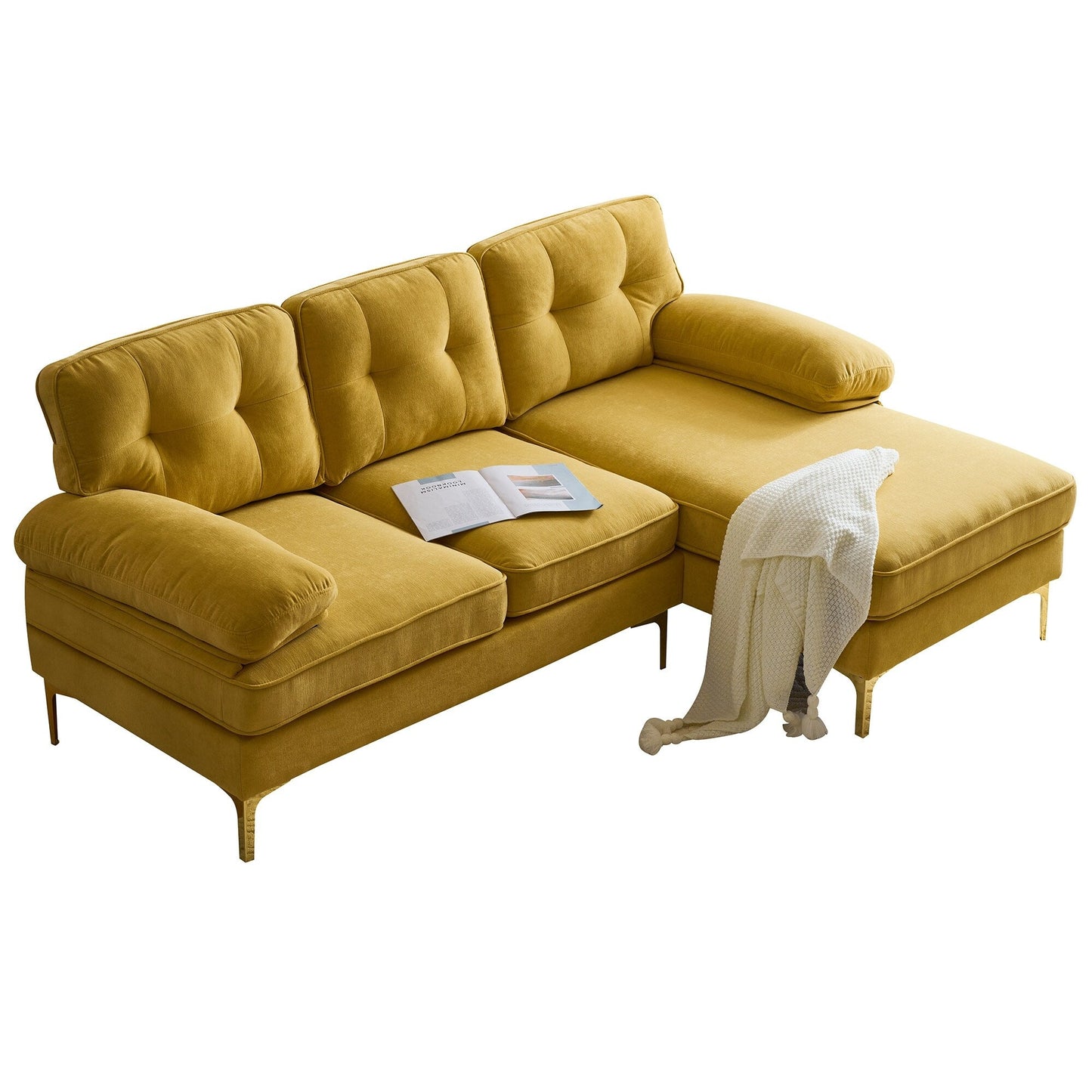 Canapé sectionnel moderne en velours en forme de L avec pieds en métal et dossier large pour salon et chambre à coucher