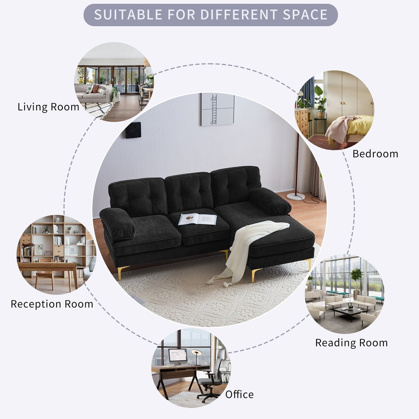 Canapé sectionnel moderne en velours en forme de L avec pieds en métal et dossier large pour salon et chambre à coucher