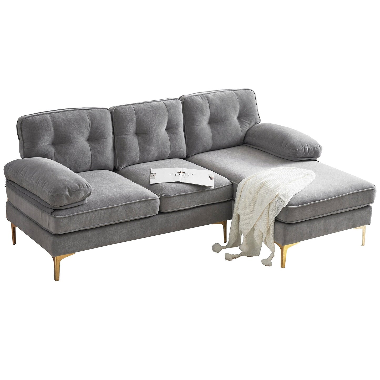 Canapé sectionnel moderne en velours en forme de L avec pieds en métal et dossier large pour salon et chambre à coucher