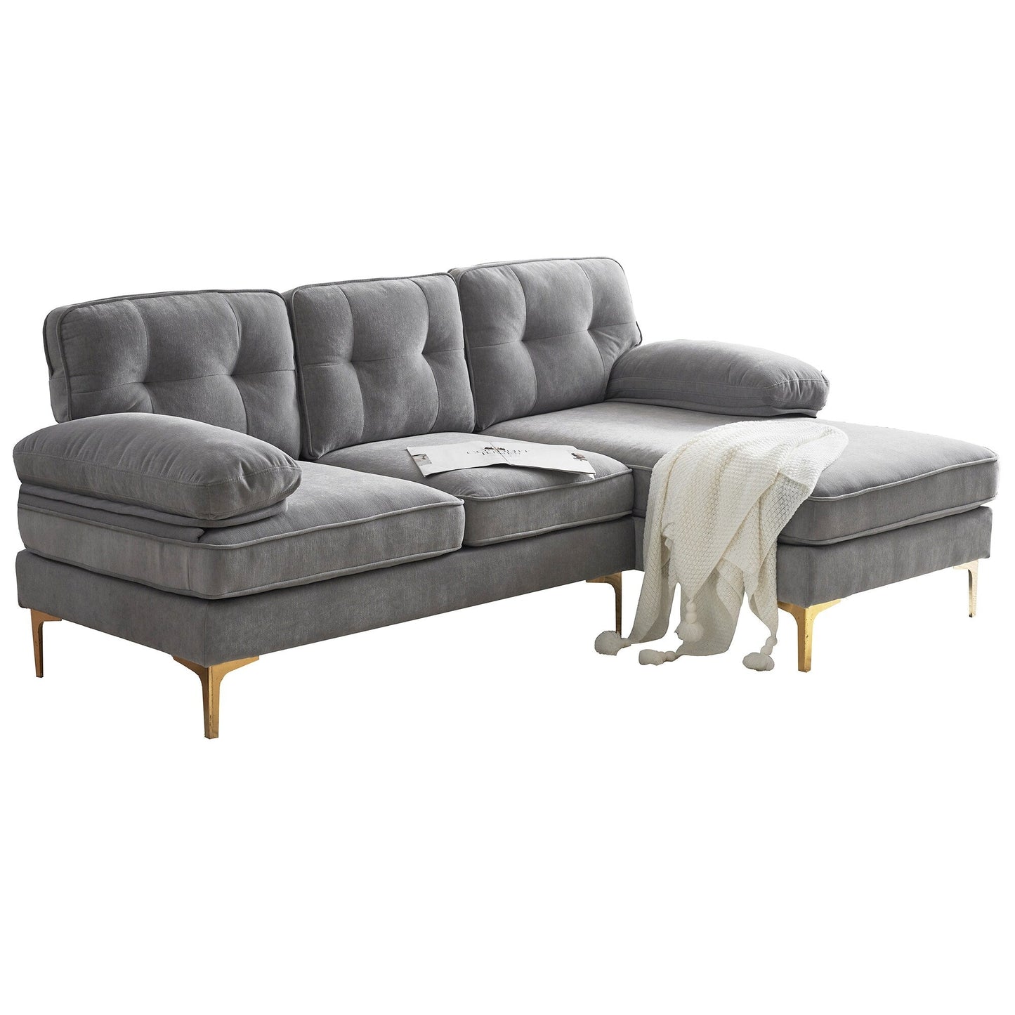 Canapé sectionnel moderne en velours en forme de L avec pieds en métal et dossier large pour salon et chambre à coucher