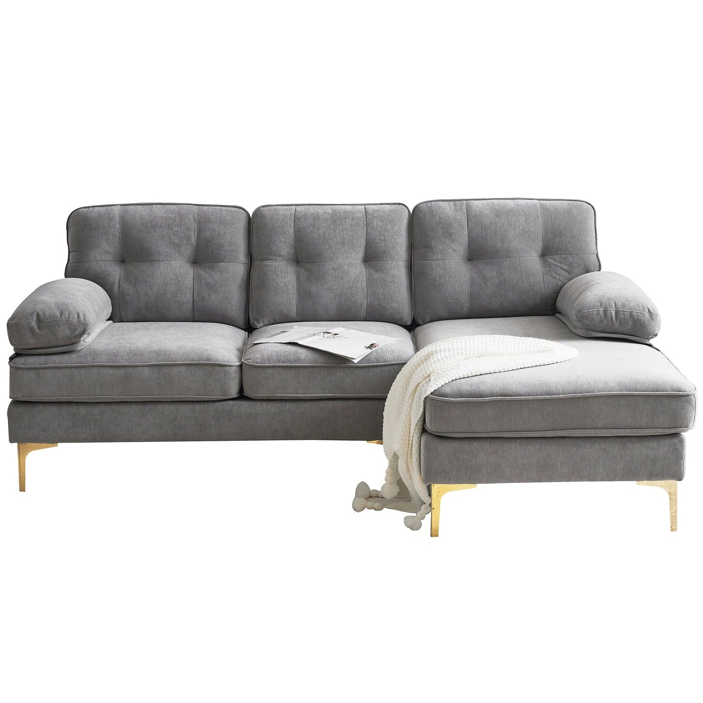 Canapé sectionnel moderne en velours en forme de L avec pieds en métal et dossier large pour salon et chambre à coucher